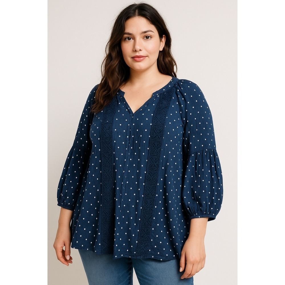 Counterparts Blue Polka Dot Peasant Top PL Lace Trim Boho Blouse 3/4 Sleeve